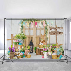 Lofaris Spring Floral Wood Door Rabbit Happy Easter Backdrop