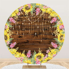 Lofaris Sunflower And Brown Wood Happy Birthday Round Backdrop