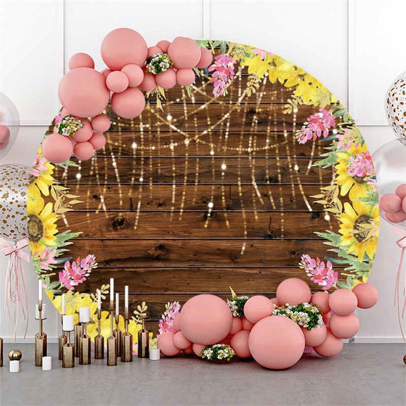 Lofaris Sunflower And Brown Wood Happy Birthday Round Backdrop