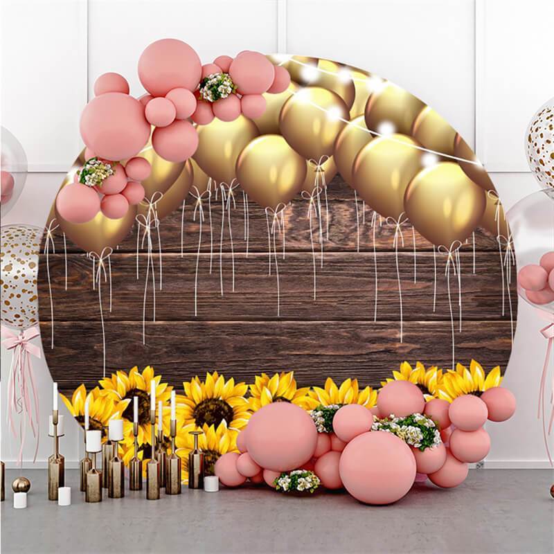 Lofaris Sunflower Gold Balloons Round Happy Birthday Backdrop