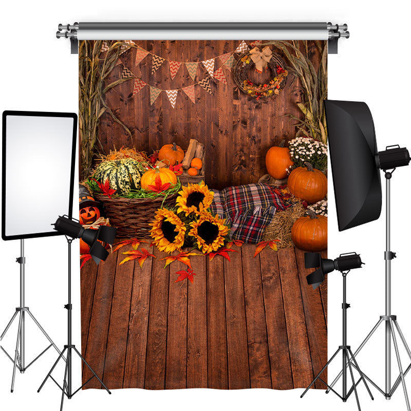 Lofaris Sunflower Pumpkin Leaves Wood Floor Fall Backdrop