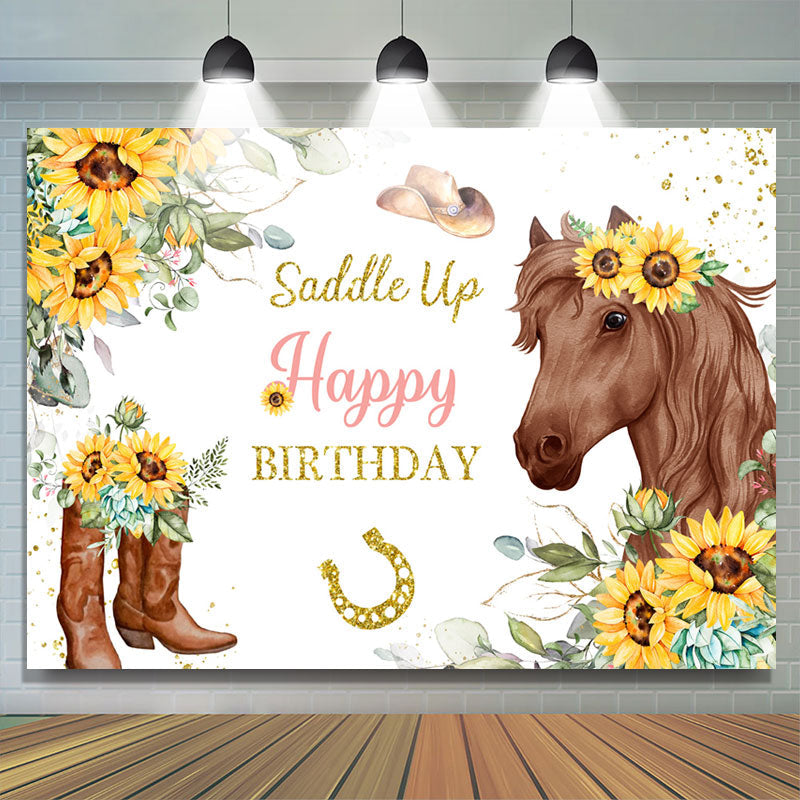 Lofaris Sunflowers And Brown Horse Gold Glitter Birthday Backdrop