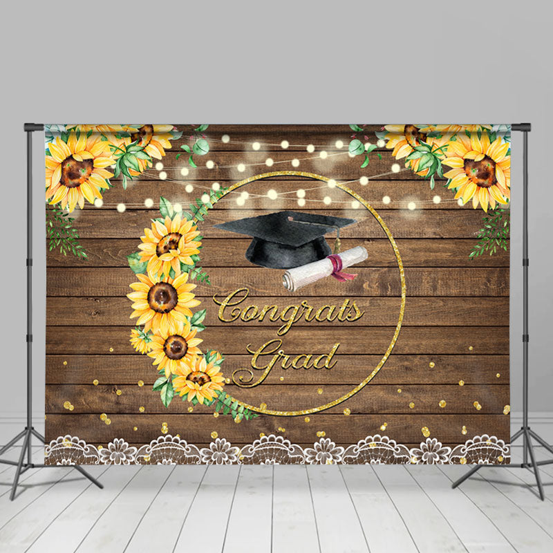 Lofaris Sunflowers And Gold Glitter Congrats Grad Wood Backdrop