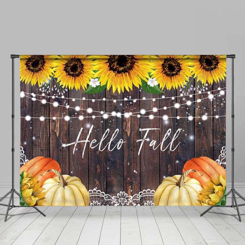 Lofaris Sunflowers And Pimpkin Brown Wood Hello Fall Backdrop