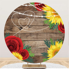 Lofaris Sunflowers And Roses Round Khaki Wood Wedding Backdrop