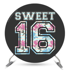 Lofaris Sweet 16 Black Floral Birthday Round Backdrop Cover