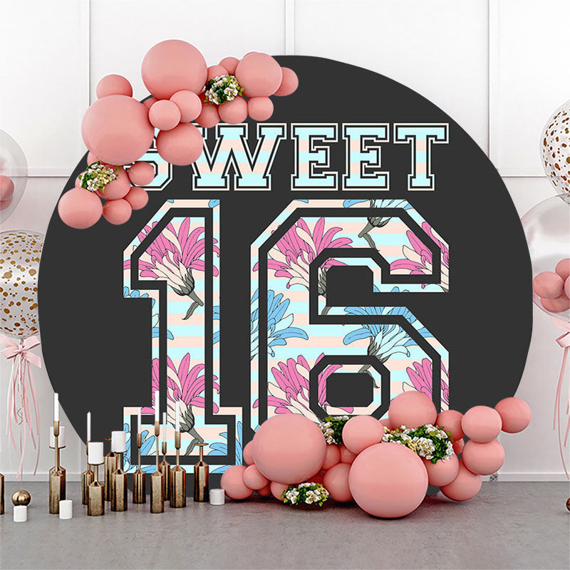 Lofaris Sweet 16 Black Floral Birthday Round Backdrop Cover