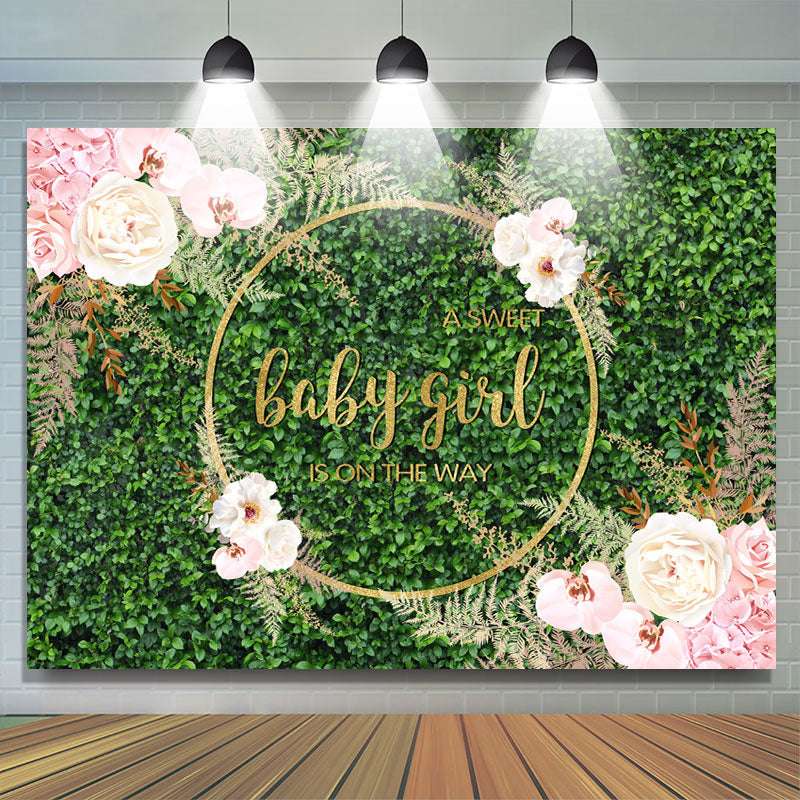 Lofaris Sweet Floral And Green Glitter Baby Shower Backdrop