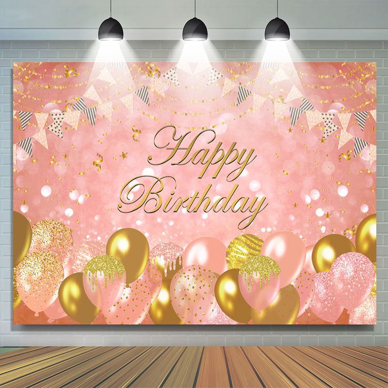 Lofaris Sweet Pink Balloon Flag Ribbon Happy Birthday Backdrop