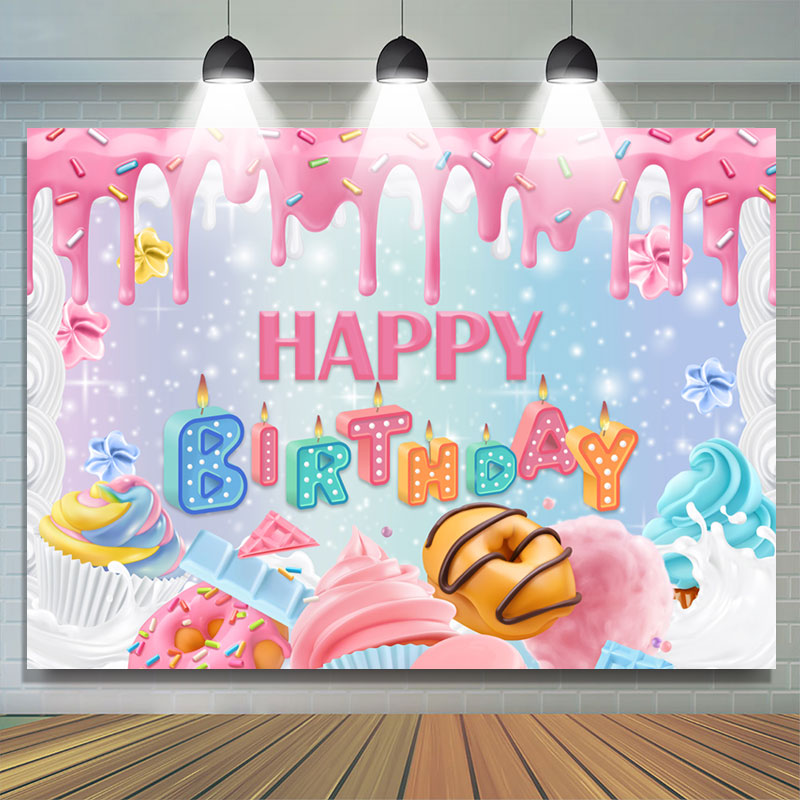 Lofaris Sweet Pink Ice Cream Cake Girls Happy Birthday Backdrop