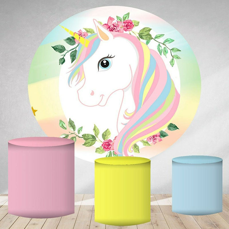 Lofaris Sweet Unicorn Round Happy Birthday Backdrop For Girl