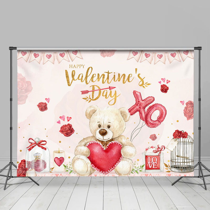 Lofaris Teddy Bear Heart Balloon Happy Valentine Backdrop