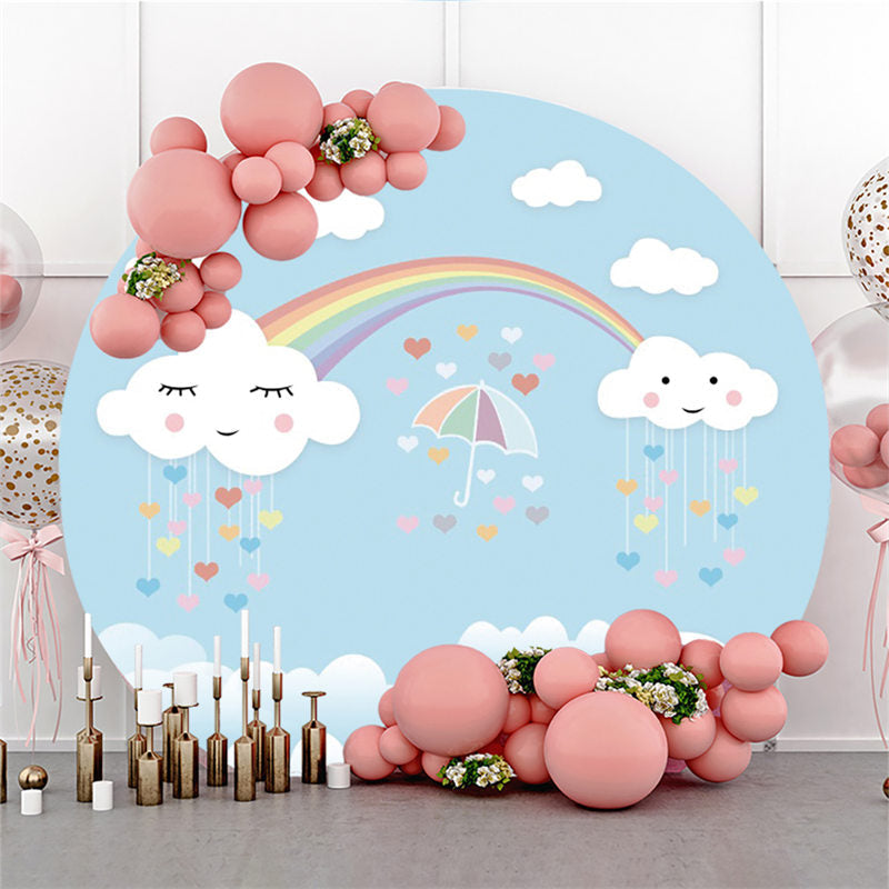 Lofaris White And Blue Clouds Rainbow Birthday Round Backdrop