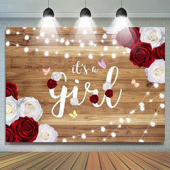 Lofaris White And Red Rose Glitter Wooden Baby Shower Backdrop