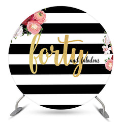 Lofaris White Black Stripes Floral Round Birthday Backdrop