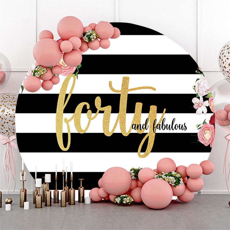 Lofaris White Black Stripes Floral Round Birthday Backdrop