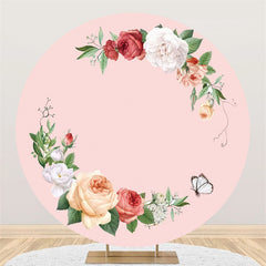 Lofaris White Floral And Green Leaves Pink Round Birthday Backdrop