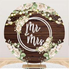 Lofaris White Floral Brown Wood Round Mr To Miss Wedding Backdrop