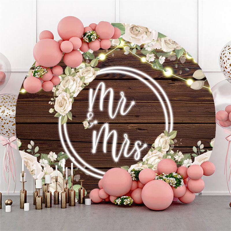 Lofaris White Floral Brown Wood Round Mr To Miss Wedding Backdrop