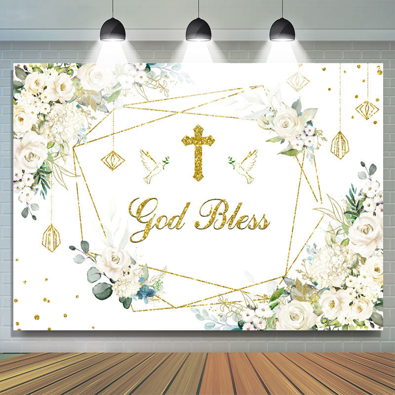 Lofaris White Floral Gold Glitter God Bless Baby Shower Backdrop