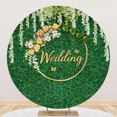 Lofaris White Floral Green Leaves Round Wedding Backdrop Banner