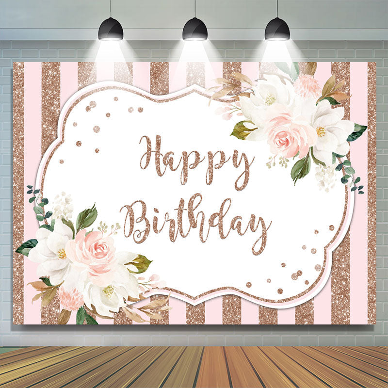 Lofaris White Floral Pink and Rose Gold Bokeh Birthday Backdrop