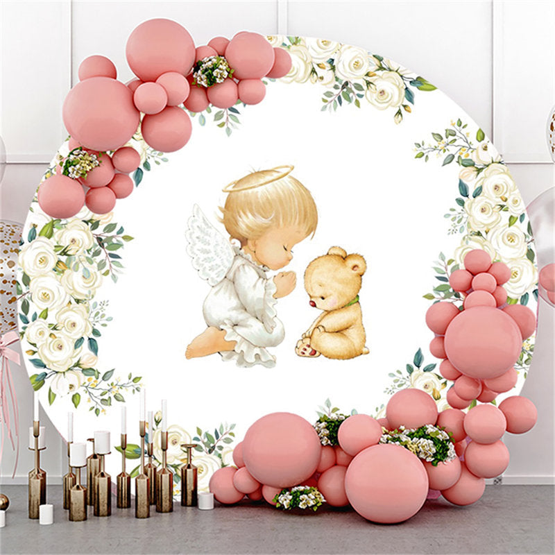 Lofaris White Floral Round Baby And Bear Shower Backdrop