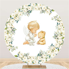 Lofaris White Floral Round Baby And Bear Shower Backdrop