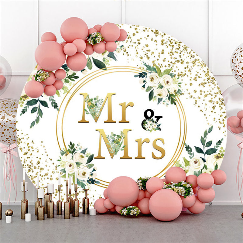 Lofaris White Flower Gold Mr And Mrs Wedding Circle Backdrop