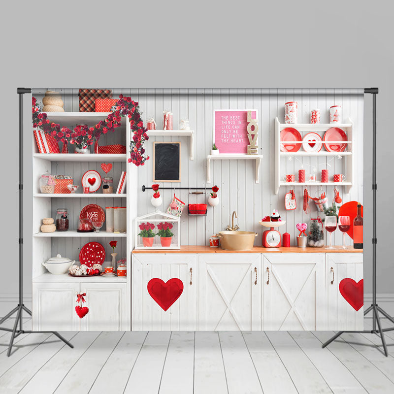 Lofaris White Kitchen Theme Heart Happy Valetines Day Backdrop