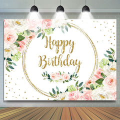 Lofaris White Pink Floral Glitter Happy Birthday Backdrop Banner