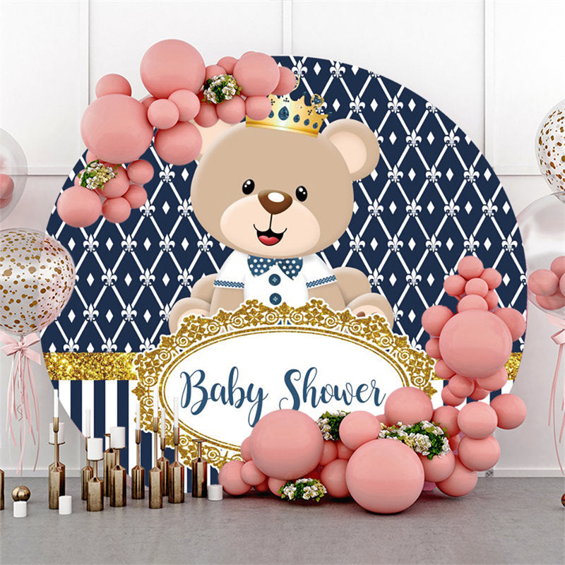 Lofaris White Strip Brown Bear Baby Shower Circle Backdrop