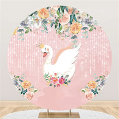 Lofaris White Swan Pink Glitter Happy Birthday Circle Backdrop