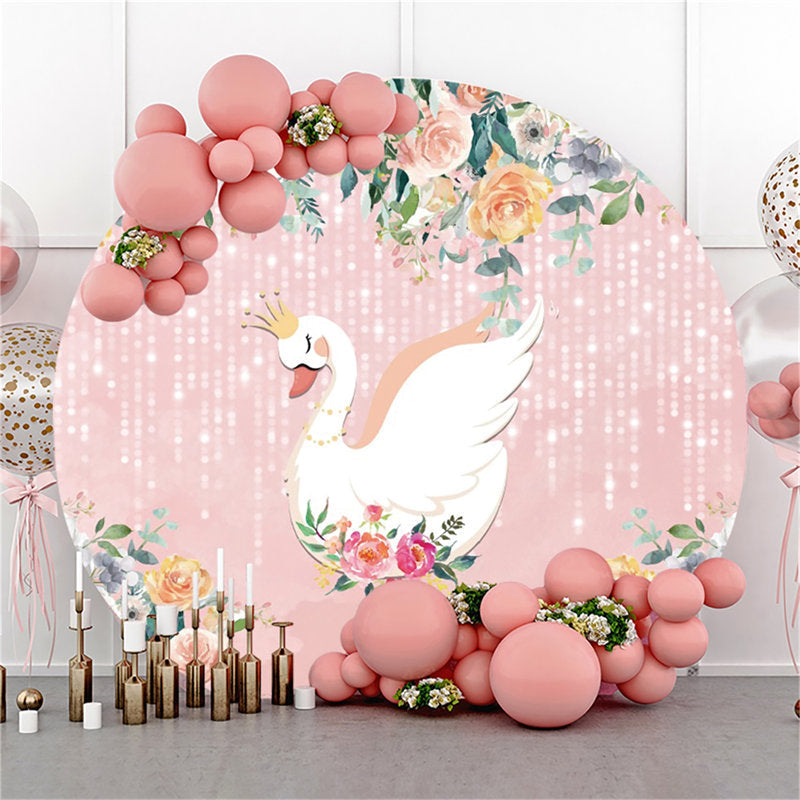 Lofaris White Swan Pink Glitter Happy Birthday Circle Backdrop