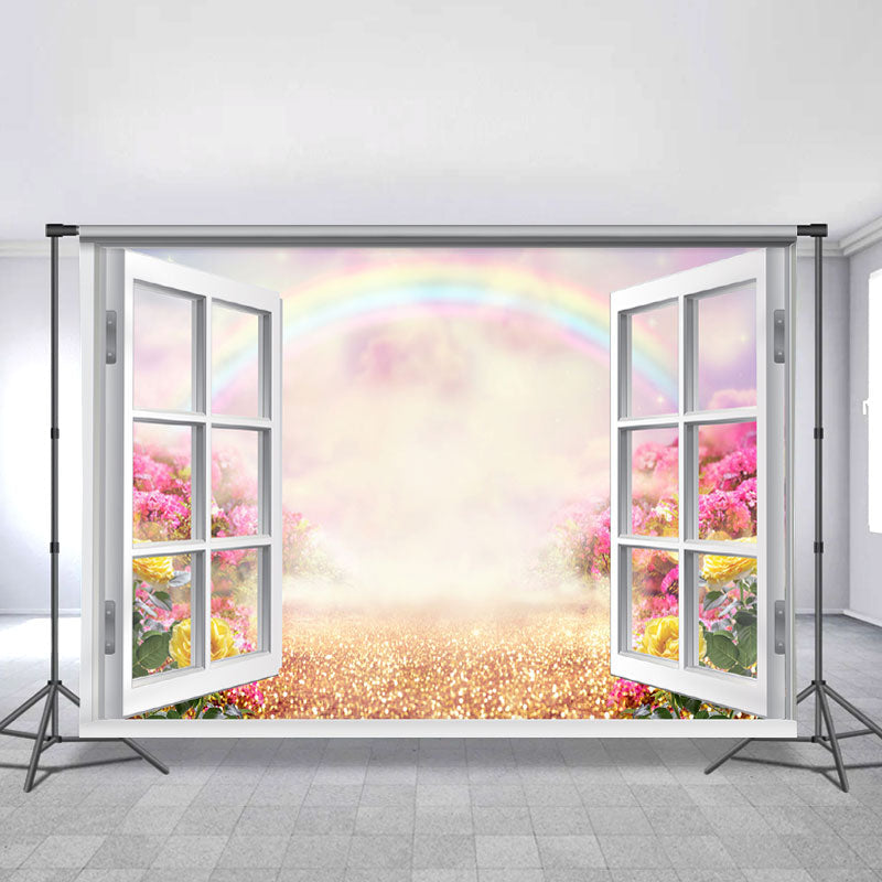 Lofaris White Window Glitter Land Pink Sky Scene Spring Backdrop