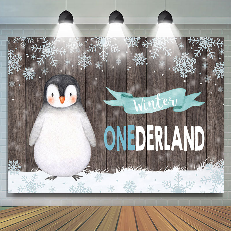 Lofaris Winter Onederland Penguin Snowflake Wood Backdrop for Birthday