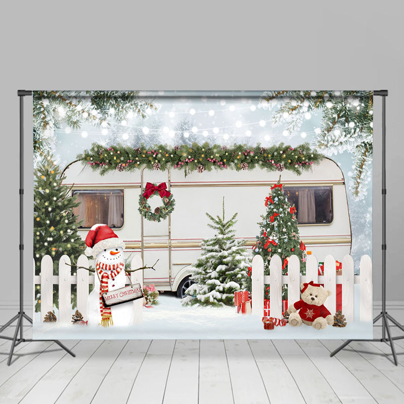 Lofaris Winter White Fence Bus Christmas Tree Snowman Lights Backdrop