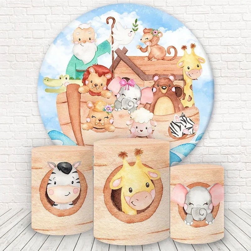 Lofaris Wood Boat And Cute Animals Round Birthday Backdrop Kit