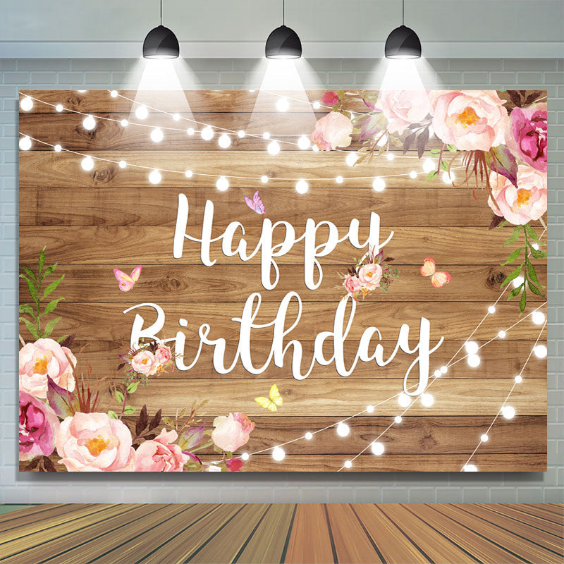 Lofaris Wood Pink and Purple Flower Happy Birthday Backdrop