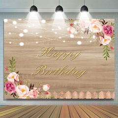 Lofaris Wood Pink Floral and Lights Happy Birthday Backdrop