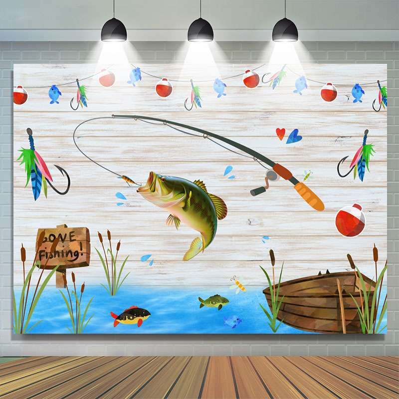 Lofaris Wooden Boat River Fishing Birthday Party Backdrop