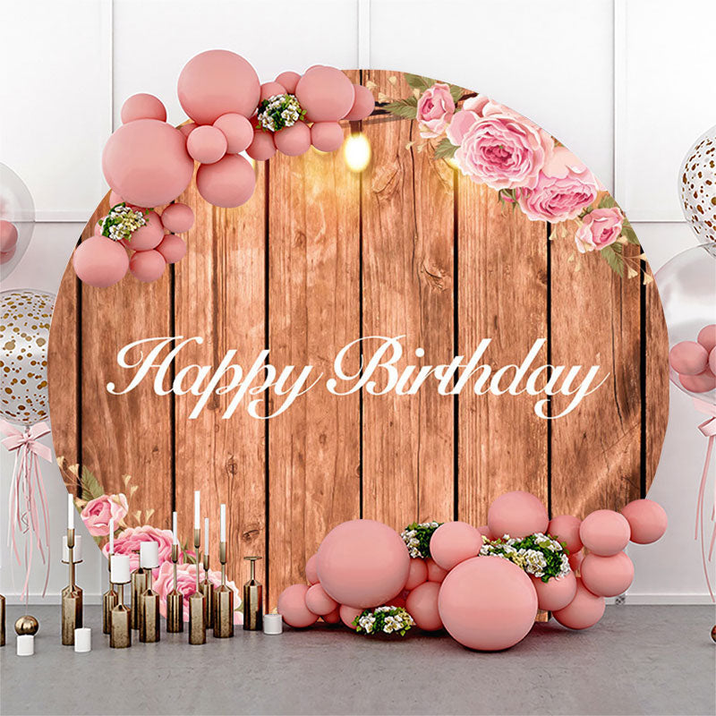 Lofaris Wooden Floral Light Round Happy Birthday Backdrop