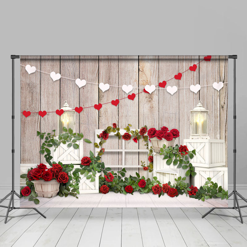 Lofaris Wooden Heart Flag Floral Happy Valetines Day Backdrop