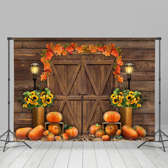 Lofaris Wooden House Door With Sunflower Pumpkin Autumn Backdrop