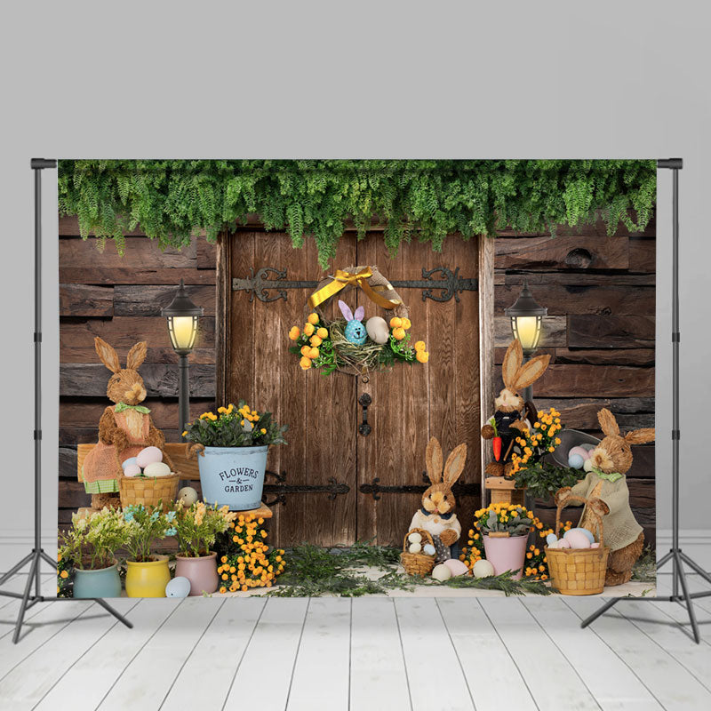 Lofaris Wooden Wall Gate Rabbits Easter Party Backdrop