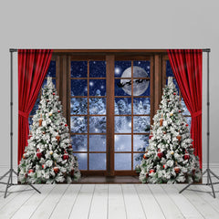 Lofaris Wooden Window And Moon White Snowtree Winter Backdrop