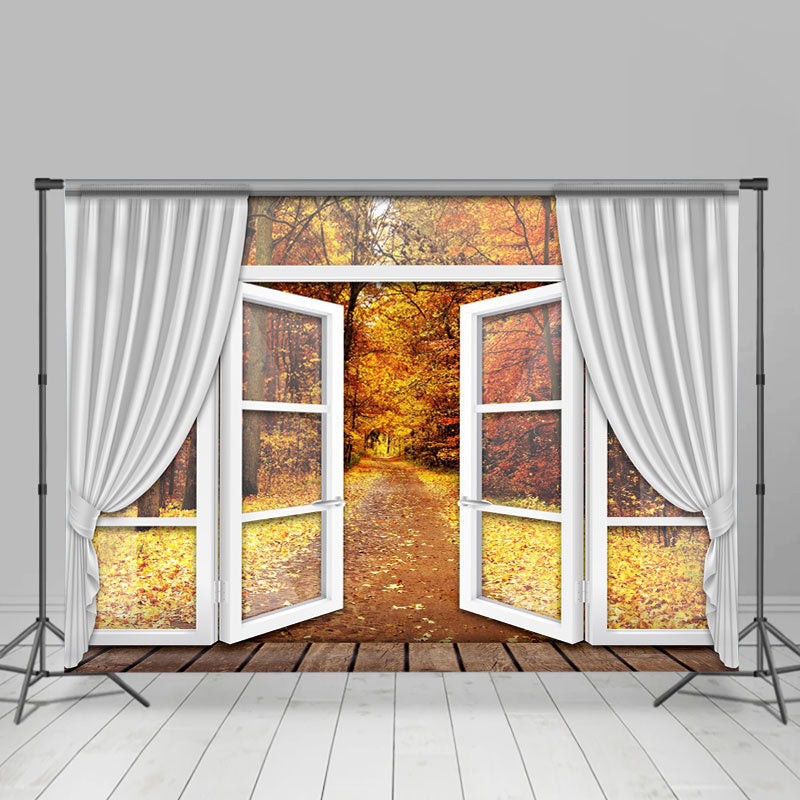 Lofaris Yellow Autumn With White Curtain And Window Backdrop