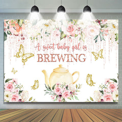Lofaris Yellow Teapot and Golden Butterfly Baby Shower Backdrop